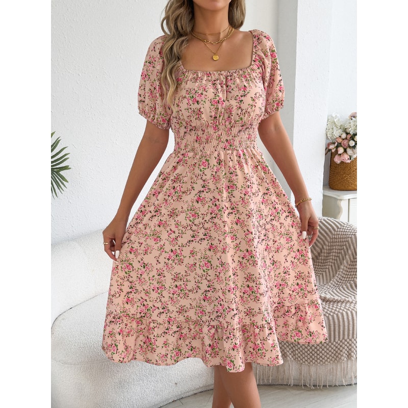 Floral Print Short Sleeved Square Neck Dress, Spring and Summer Elegant Women's Ruffled Edge Dress