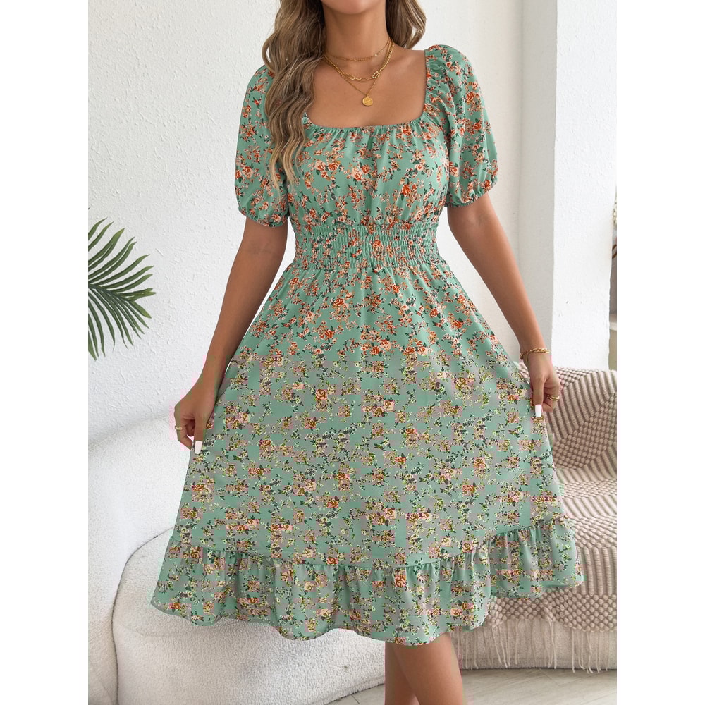 Floral Print Short Sleeved Square Neck Dress, Spring and Summer Elegant Women's Ruffled Edge Dress