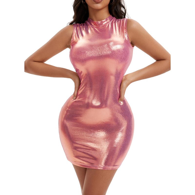Womens Nightclub See Through Gold Stamped Tight Dress Fashionable High Collar Sleeveless Mini Party 3