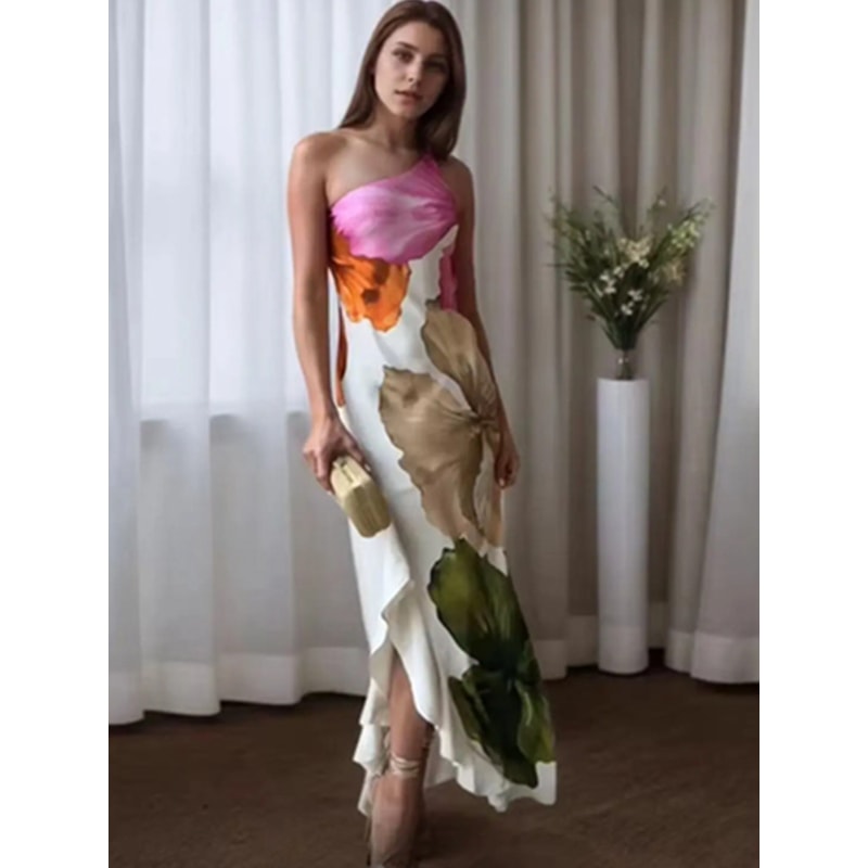 Floral Print Slim Long Dress Female Chic, Single Shoulder Backless Party Dress with Side Zipper