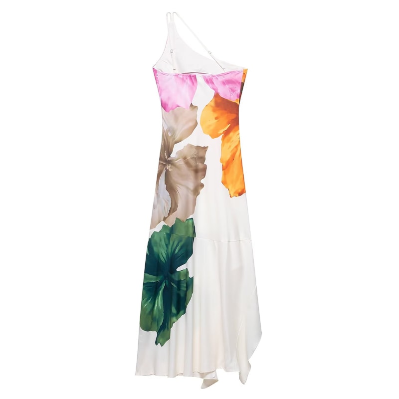 Floral Print Slim Long Dress Female Chic, Single Shoulder Backless Party Dress with Side Zipper