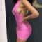 Pink neck hanging sexy backless dress, women's tight fitting hip hugging slim fit mini skirt PU dress