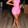 Pink neck hanging sexy backless dress, women's tight fitting hip hugging slim fit mini skirt PU dress