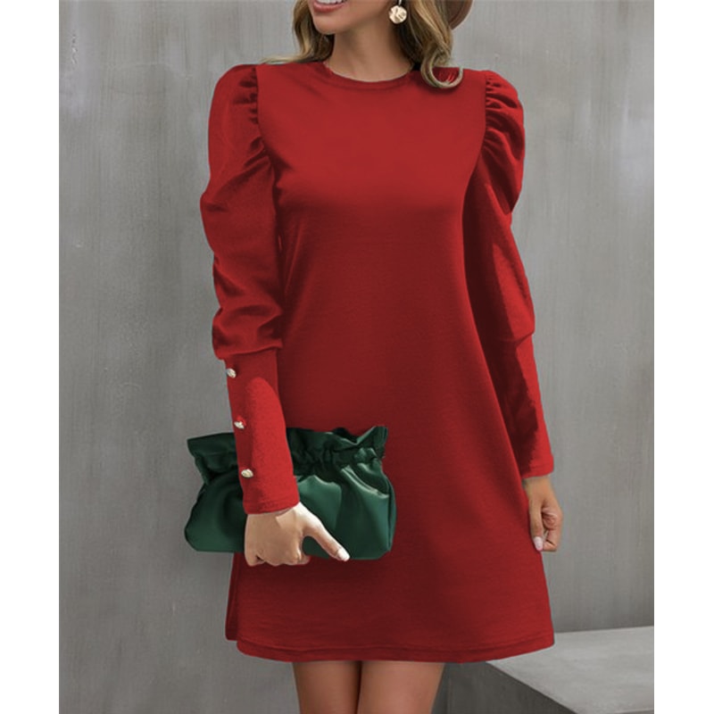 Spring And Autumn Round Neck Bubble Sleeve Dress Button Decorative Long Sleeve Dress For Women Eleg 2