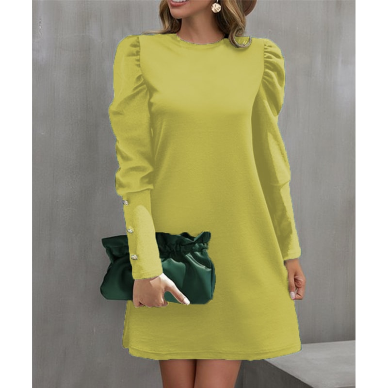 Spring And Autumn Round Neck Bubble Sleeve Dress Button Decorative Long Sleeve Dress For Women Eleg 7