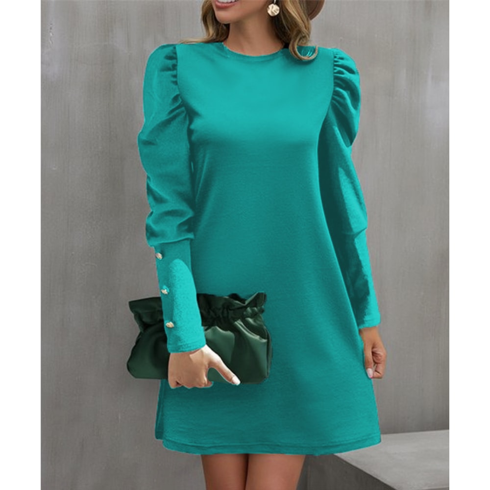Spring And Autumn Round Neck Bubble Sleeve Dress Button Decorative Long Sleeve Dress For Women Eleg 9