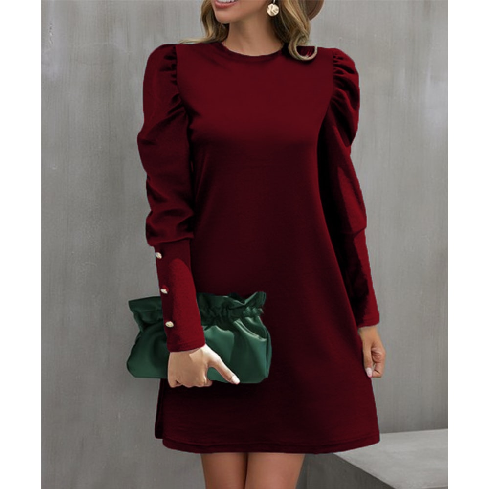 Spring And Autumn Round Neck Bubble Sleeve Dress Button Decorative Long Sleeve Dress For Women Eleg 10