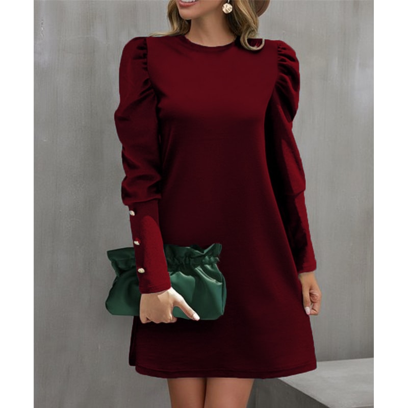 Spring And Autumn Round Neck Bubble Sleeve Dress Button Decorative Long Sleeve Dress For Women Eleg 10