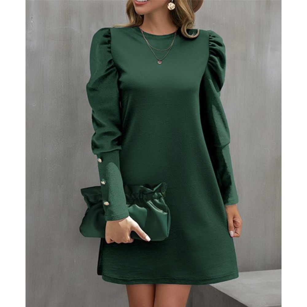 Spring And Autumn Round Neck Bubble Sleeve Dress Button Decorative Long Sleeve Dress For Women Eleg 6