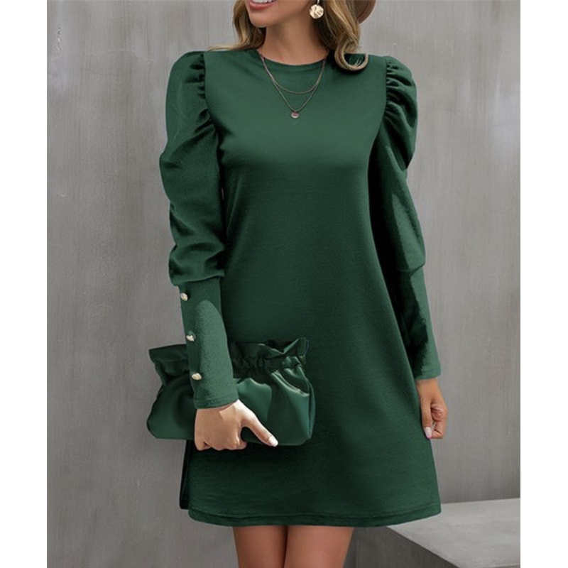 Spring And Autumn Round Neck Bubble Sleeve Dress Button Decorative Long Sleeve Dress For Women Eleg 6