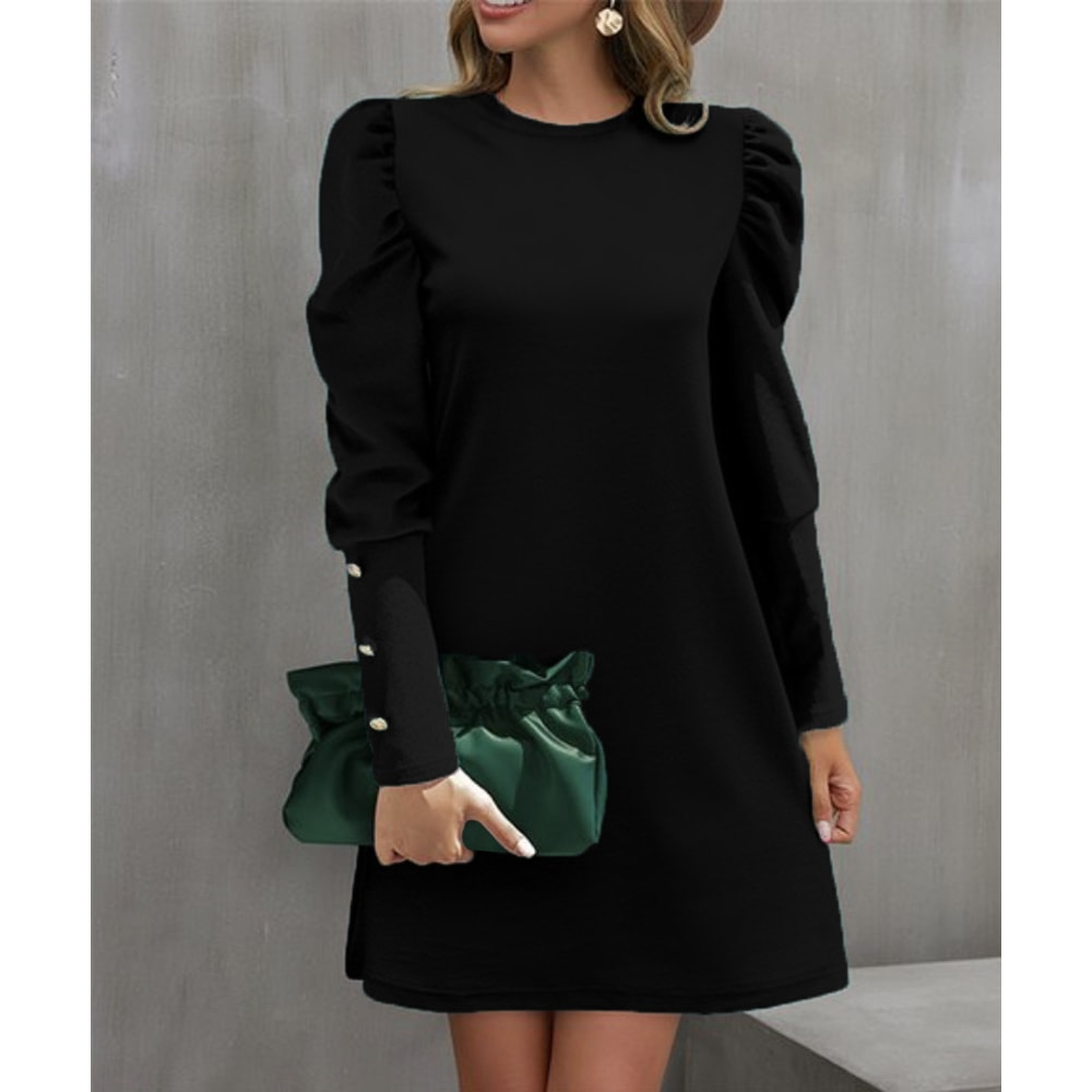 Spring And Autumn Round Neck Bubble Sleeve Dress Button Decorative Long Sleeve Dress For Women Eleg 12