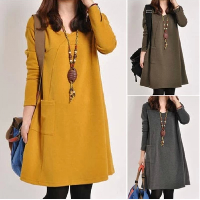 Plus Size Womens Warm Casual V Neck Loose Leggings Dress Solid Color Comfort Fit