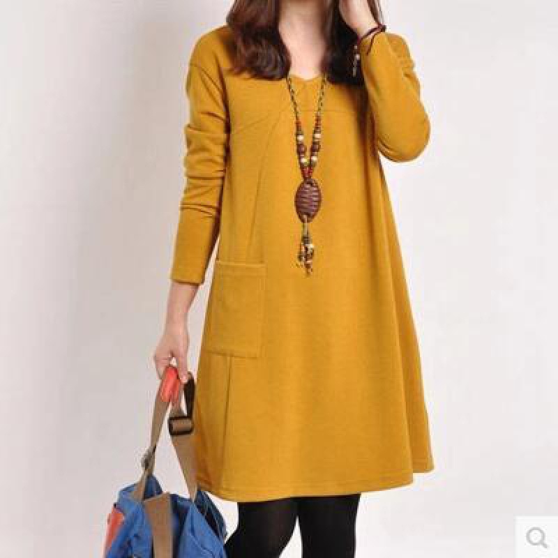 Plus Size Womens Warm Casual V Neck Loose Leggings Dress Solid Color Comfort Fit