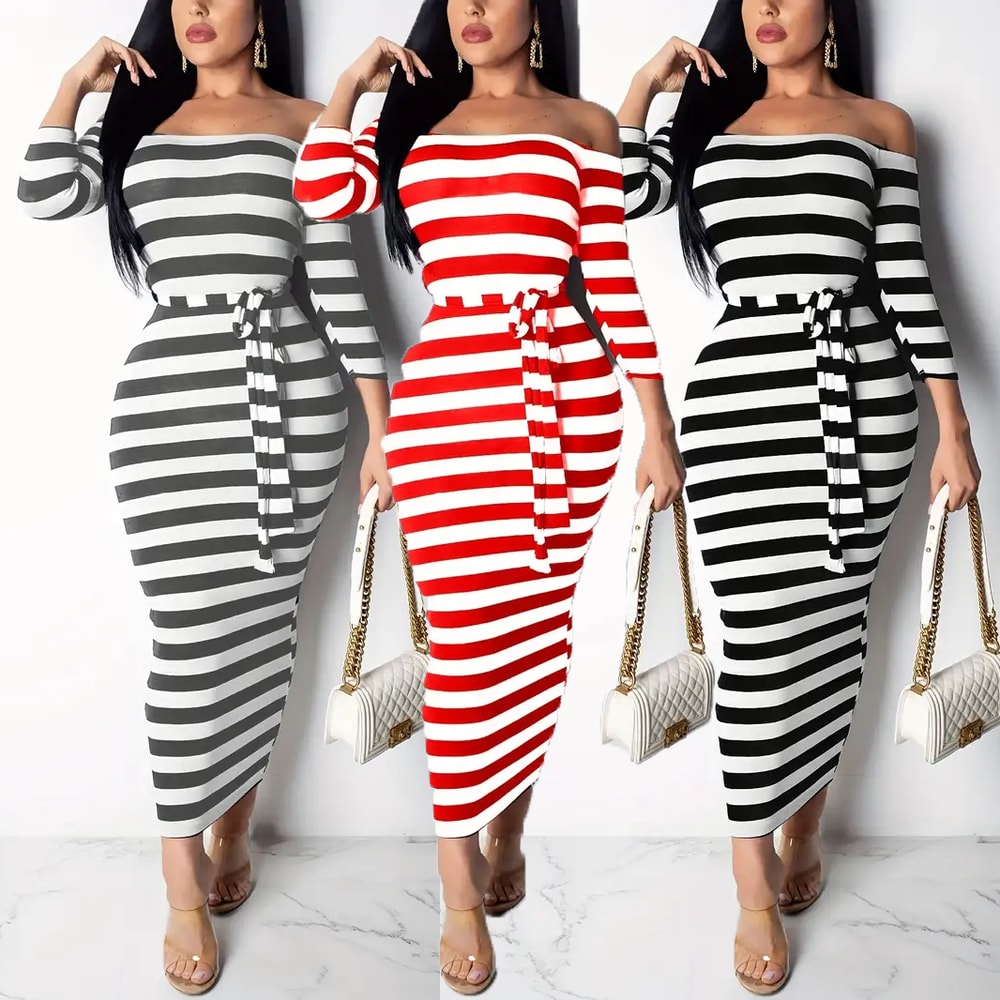 Casual Women Dress Summer Striped Bodycon Midi Dress, Slash Neck Lace Up Three Quarter Pencil Dress