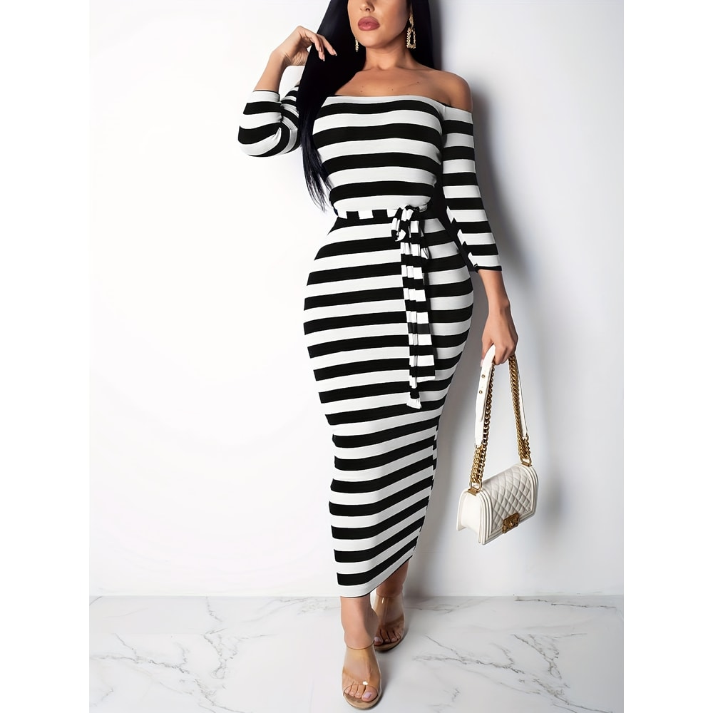Casual Women Dress Summer Striped Bodycon Midi Dress, Slash Neck Lace Up Three Quarter Pencil Dress