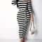 Casual Women Dress Summer Striped Bodycon Midi Dress, Slash Neck Lace Up Three Quarter Pencil Dress
