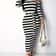 Casual Women Dress Summer Striped Bodycon Midi Dress, Slash Neck Lace Up Three Quarter Pencil Dress