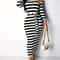 Casual Women Dress Summer Striped Bodycon Midi Dress, Slash Neck Lace Up Three Quarter Pencil Dress