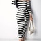 Casual Women Dress Summer Striped Bodycon Midi Dress, Slash Neck Lace Up Three Quarter Pencil Dress