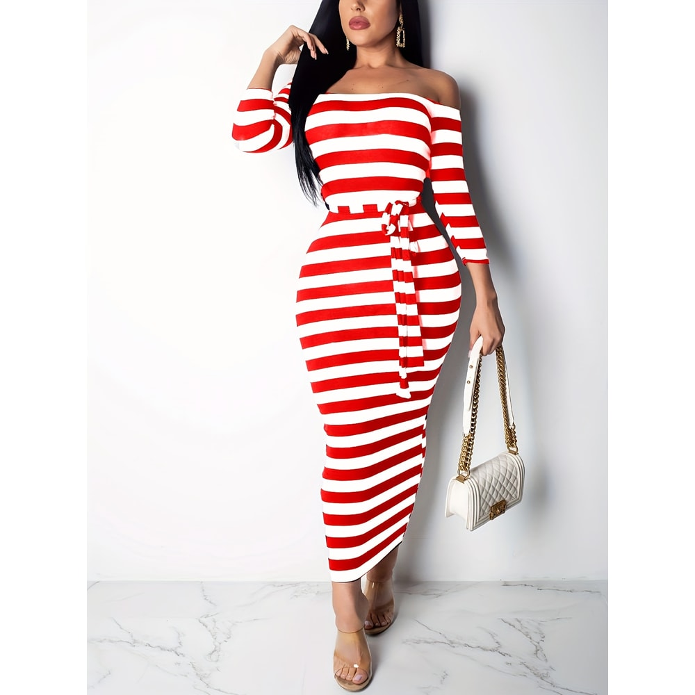 Casual Women Dress Summer Striped Bodycon Midi Dress, Slash Neck Lace Up Three Quarter Pencil Dress