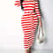Casual Women Dress Summer Striped Bodycon Midi Dress, Slash Neck Lace Up Three Quarter Pencil Dress