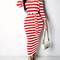 Casual Women Dress Summer Striped Bodycon Midi Dress, Slash Neck Lace Up Three Quarter Pencil Dress