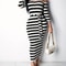 Casual Women Dress Summer Striped Bodycon Midi Dress, Slash Neck Lace Up Three Quarter Pencil Dress