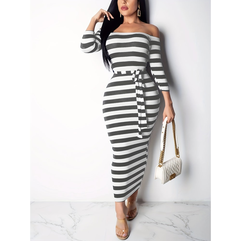 Casual Women Dress Summer Striped Bodycon Midi Dress, Slash Neck Lace Up Three Quarter Pencil Dress