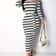 Casual Women Dress Summer Striped Bodycon Midi Dress, Slash Neck Lace Up Three Quarter Pencil Dress