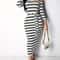 Casual Women Dress Summer Striped Bodycon Midi Dress, Slash Neck Lace Up Three Quarter Pencil Dress