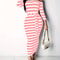 Casual Women Dress Summer Striped Bodycon Midi Dress, Slash Neck Lace Up Three Quarter Pencil Dress
