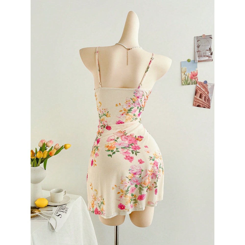 Figure Hugging Mesh Floral Print Halter Dress, Stylish Elegant Womens Party Wear