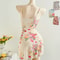 Figure Hugging Mesh Floral Print Halter Dress, Stylish Elegant Womens Party Wear