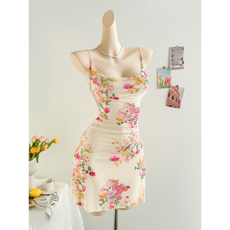 Figure Hugging Mesh Floral Print Halter Dress, Stylish Elegant Womens Party Wear