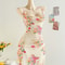 Figure Hugging Mesh Floral Print Halter Dress, Stylish Elegant Womens Party Wear