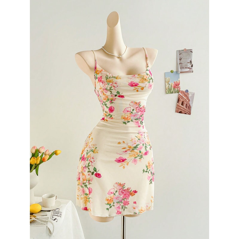 Figure Hugging Mesh Floral Print Halter Dress, Stylish Elegant Womens Party Wear