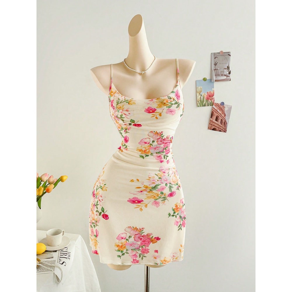 Figure Hugging Mesh Floral Print Halter Dress, Stylish Elegant Womens Party Wear