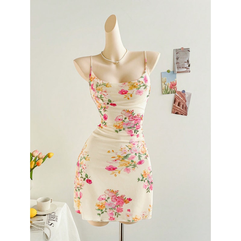 Figure Hugging Mesh Floral Print Halter Dress, Stylish Elegant Womens Party Wear