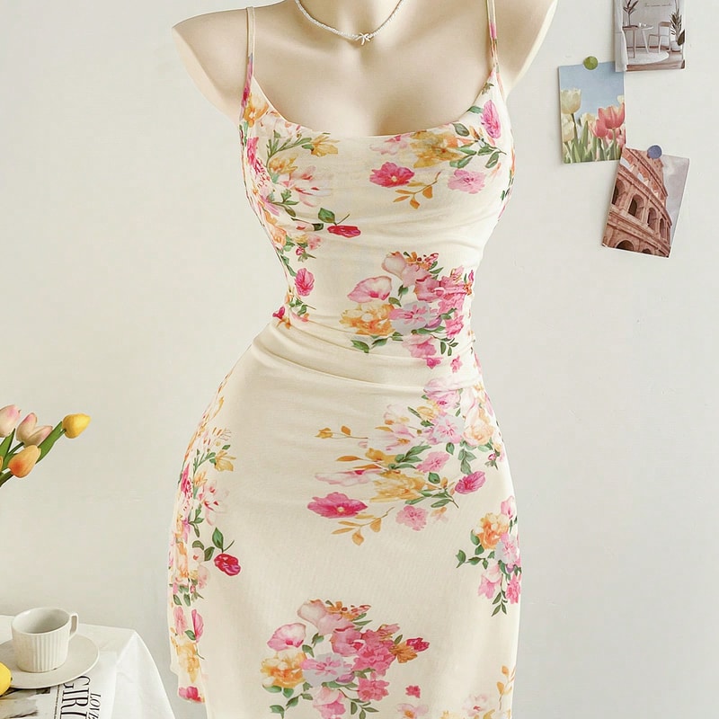 Figure Hugging Mesh Floral Print Halter Dress, Stylish Elegant Womens Party Wear