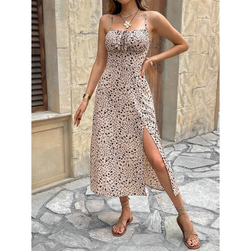 Womens Sexy Halter Printed Mid Length Dress, Summer Office Minimalist Ladylike Look