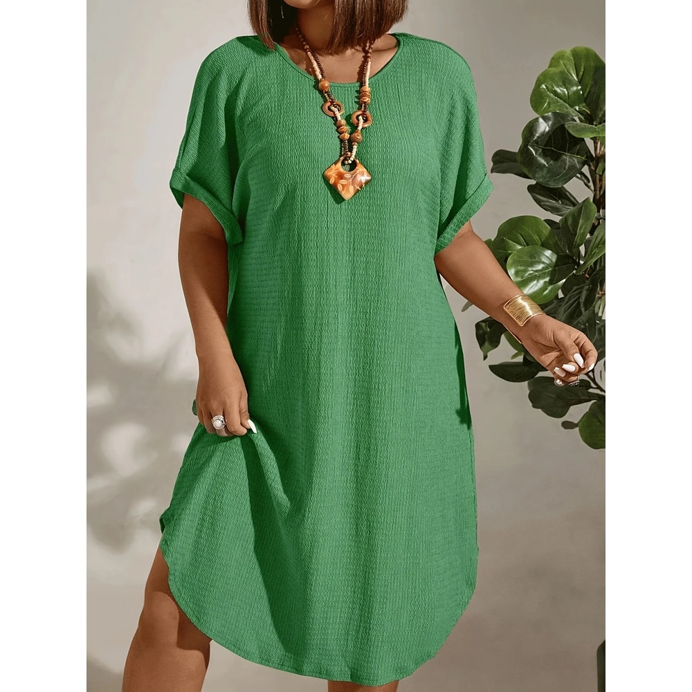 Solid Color Large-Size Dress for Women, Summer New Short-Sleeved Casual Everyday Wear