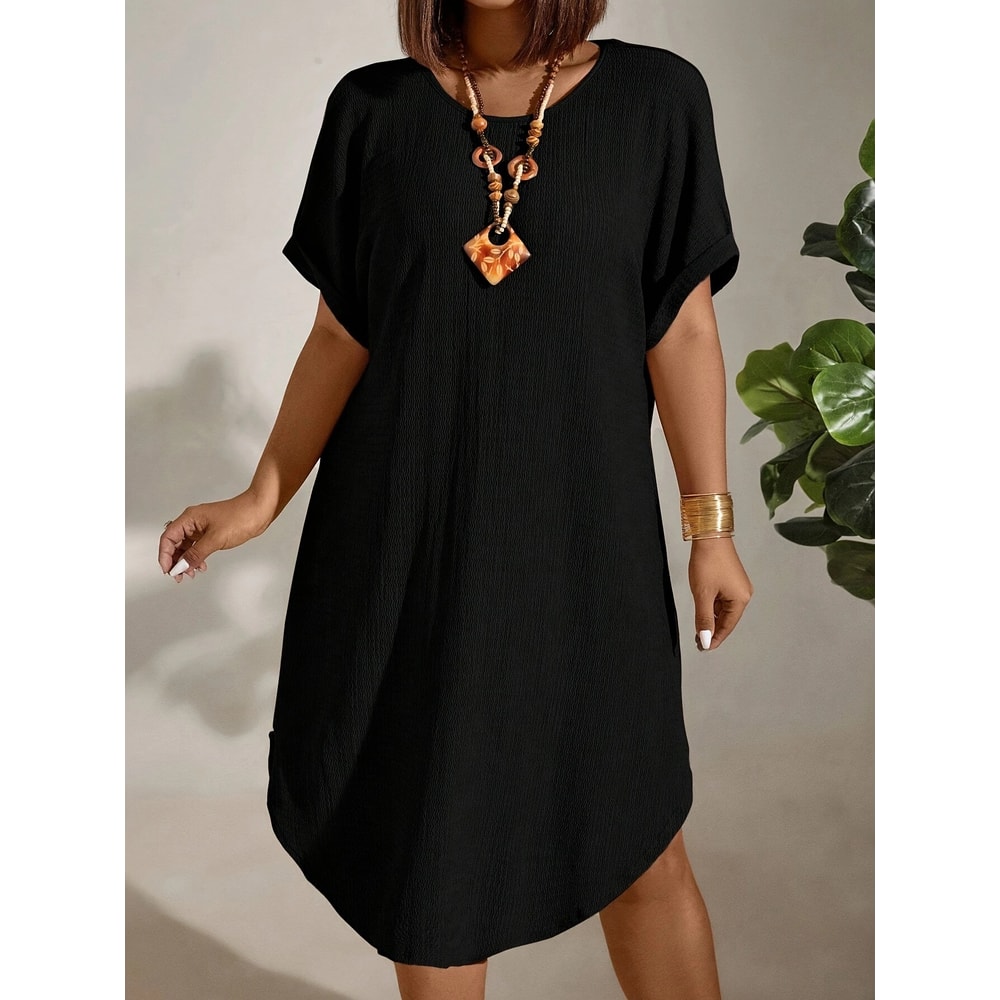 Solid Color Large-Size Dress for Women, Summer New Short-Sleeved Casual Everyday Wear