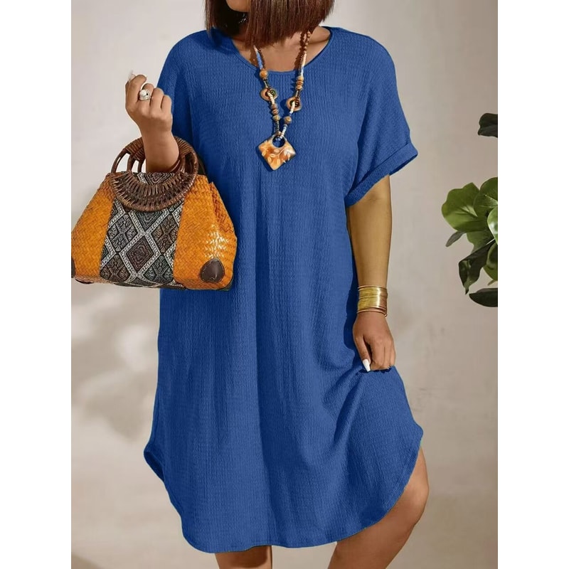 Solid Color Large-Size Dress for Women, Summer New Short-Sleeved Casual Everyday Wear