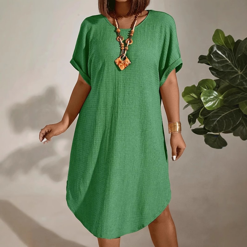 Solid Color Large-Size Dress for Women, Summer New Short-Sleeved Casual Everyday Wear