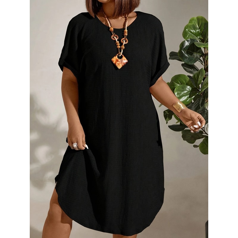 Solid Color Large-Size Dress for Women, Summer New Short-Sleeved Casual Everyday Wear