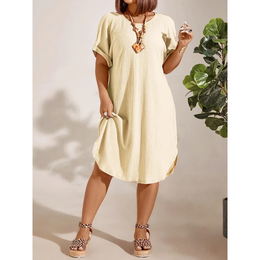 Solid Color Large-Size Dress for Women, Summer New Short-Sleeved Casual Everyday Wear