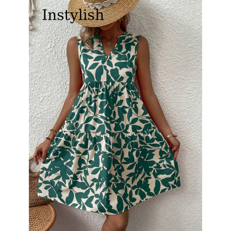 Women Boho Print Mini Dress, Summer Elegant Sleeveless Neck Ruffle A Line Tank Dress, Casual Loose Oversize Beach Party