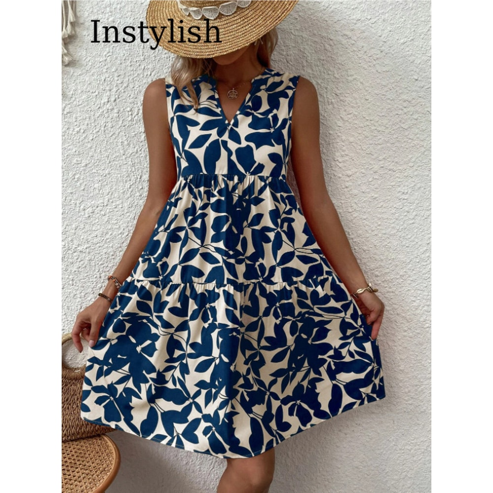 Women Boho Print Mini Dress, Summer Elegant Sleeveless Neck Ruffle A Line Tank Dress, Casual Loose Oversize Beach Party