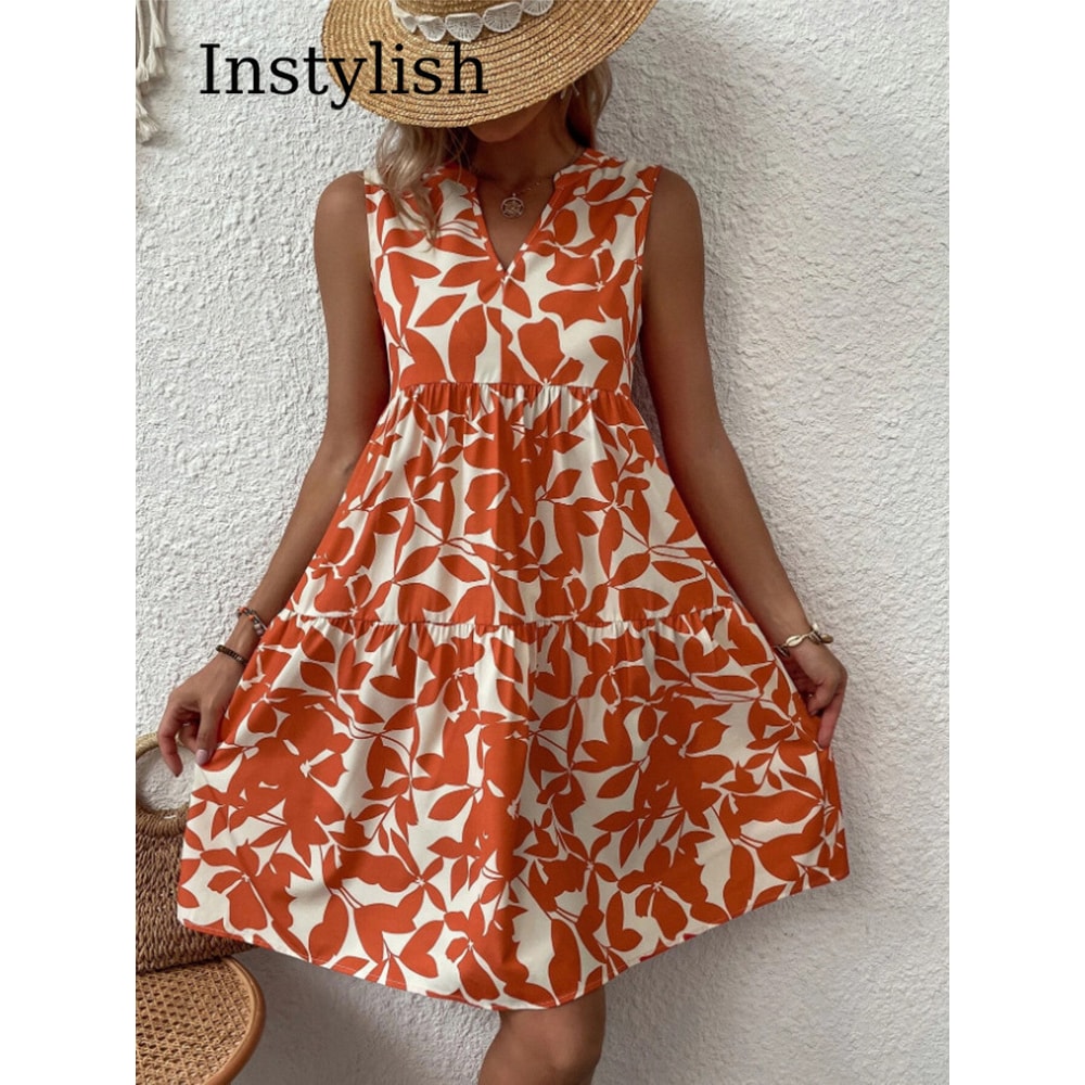 Women Boho Print Mini Dress, Summer Elegant Sleeveless Neck Ruffle A Line Tank Dress, Casual Loose Oversize Beach Party