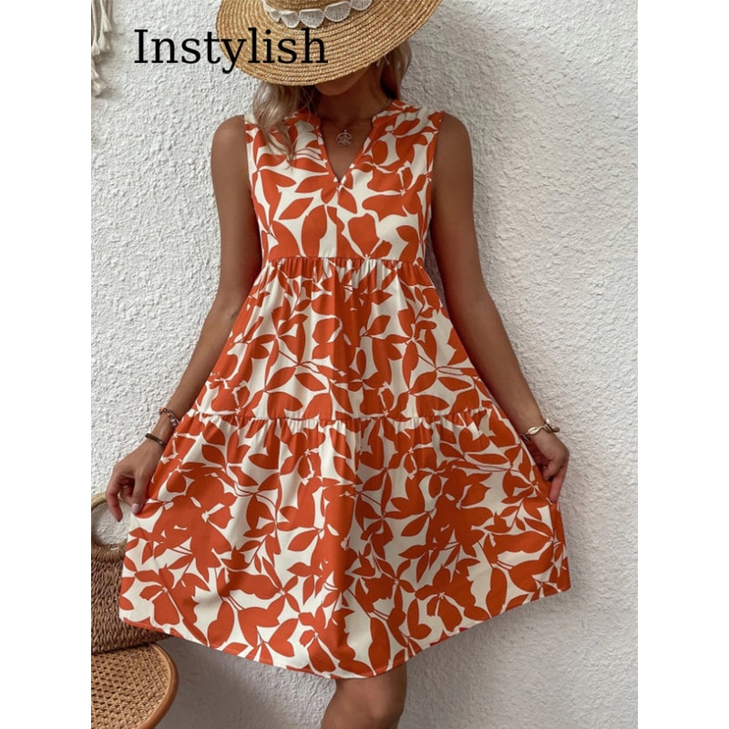 Women Boho Print Mini Dress, Summer Elegant Sleeveless Neck Ruffle A Line Tank Dress, Casual Loose Oversize Beach Party